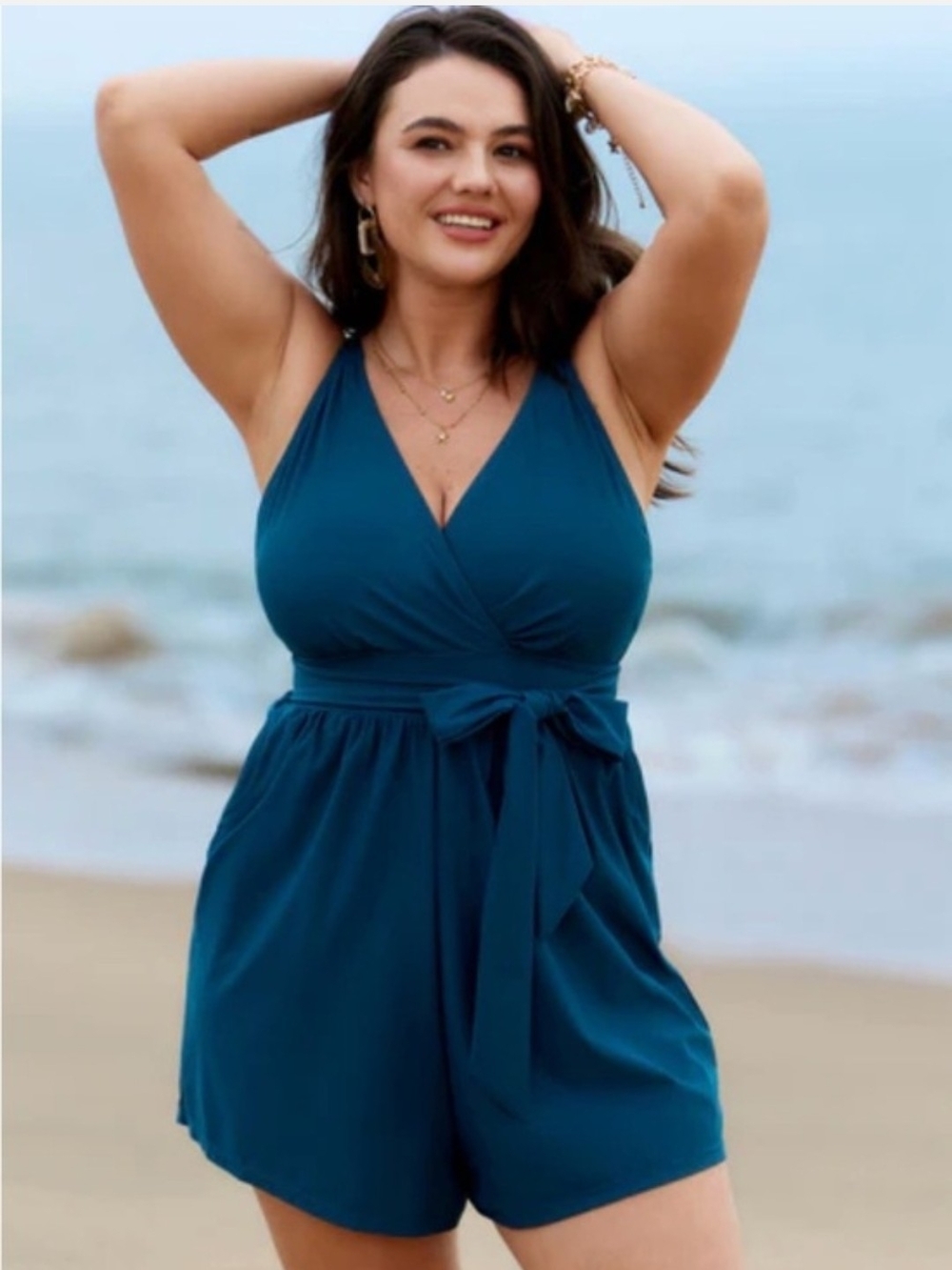 BloomChic Teal Blue V-Neck One-Piece Swim Romper